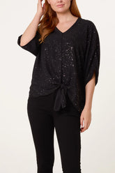 Glitter Front Knot Top Black
