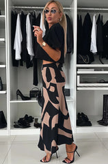 Satin Brown/black Print Midaxi Skirt