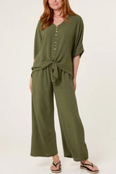 Front Tie Button Detail Co-ord Khaki