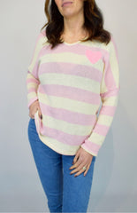 Cotton Blend Heart Stripe Knit Pink
