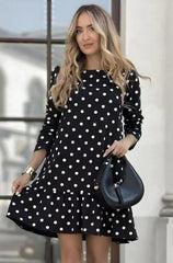Frill Hem Spot Dress Black