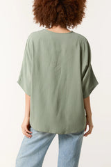 V-Neck Tie Front Blouse Half Sleeve Sage