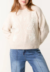 Swan Embroidered Soft Touch Jumper Stone