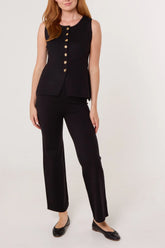 Gold Button Knitted Waistcoat & Trouser Set Black