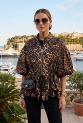 Animal Print Lapel Puff Sleeve Jacket