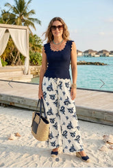 Floral Print Wide Leg Trousers Navy