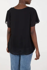 Short Sleeved Oversized Pleated Top in Black