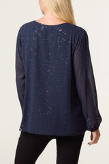 Glitter Pleated Long Sleeve Top Navy
