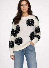 Floral Embellished Crew Neck Knit Cream
