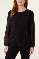 Glitter Pleated Long Sleeve Top Black