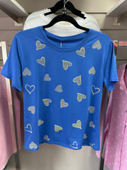Multi Diamanté Heart Tee Blue