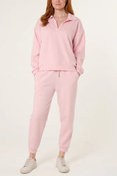 Collared V-Neck Top & Trouser Sweat Set Pink