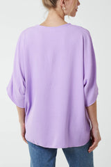 V-Neck Tie Front Blouse Half Sleeve Lilac
