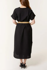 V-neck Belted Pocket Dress Black