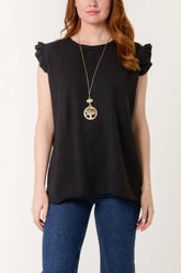Frill Sleeve Necklace Top in Black