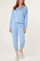Collared V-Neck Top & Trouser Sweat Set Blue
