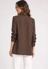 Polka Dot Ruched Sleeve Blazer Chocolate