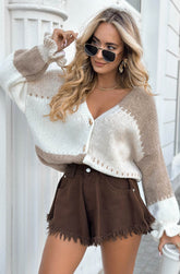 Colour Block Knitted Cardigan Stone