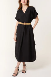 V-neck Belted Pocket Dress Black