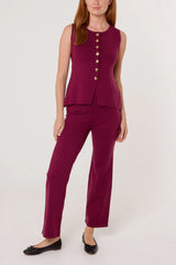 Gold Button Knitted Waistcoat & Trouser Set Berry
