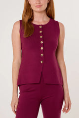 Gold Button Knitted Waistcoat & Trouser Set Berry