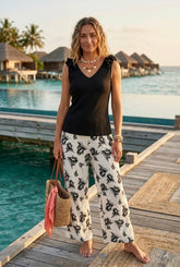 Floral Print Wide Leg Trousers Black