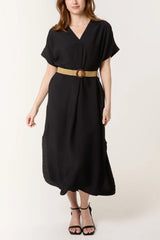 V-neck Belted Pocket Dress Black