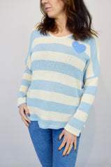 Cotton Blend Heart Stripe Knit Blue