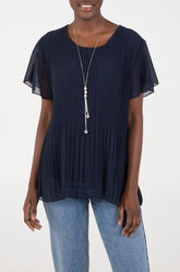 Short Sleeved Oversized Pleated Top in Navy