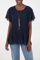Short Sleeved Oversized Pleated Top in Navy