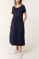 Round Neck Stretch Midi Dress Navy