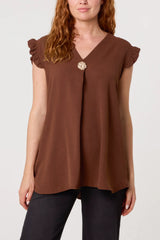 Frill Sleeve Top Brown