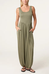 Fine Rib Stretch Harem Jumpsuit Khaki