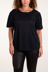 Glitter Lurex Ballon Sleeve Top Navy