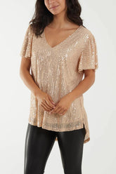 Angel Sleeve Sequin Top Gold