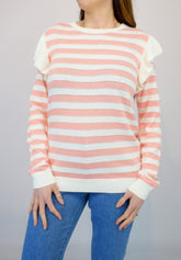 Frill Shoulder Stripe Knit Jumper Pink