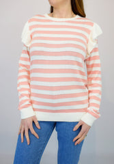 Frill Shoulder Stripe Knit Jumper Pink