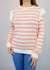 Frill Shoulder Stripe Knit Jumper Pink
