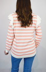 Frill Shoulder Stripe Knit Jumper Pink