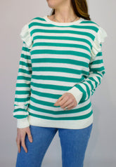 Frill Shoulder Stripe Knit Jumper Green