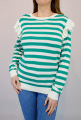 Frill Shoulder Stripe Knit Jumper Green