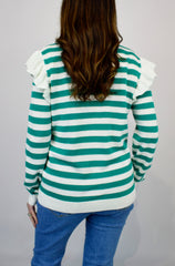 Frill Shoulder Stripe Knit Jumper Green