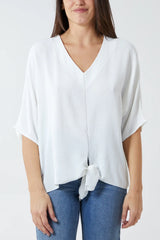 V-Neck Tie Front Blouse Half Sleeve White