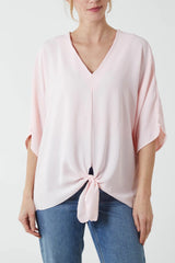 V-Neck Tie Front Blouse Half Sleeve Pale Pink