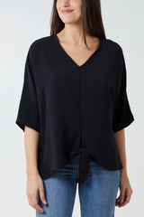V-Neck Tie Front Blouse Half Sleeve Black