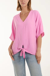 V-Neck Tie Front Blouse Half Sleeve Bubblegum Pink