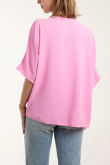 V-Neck Tie Front Blouse Half Sleeve Bubblegum Pink