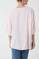 V-Neck Tie Front Blouse Half Sleeve Pale Pink