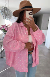 Hearts Print Oversized Cotton Shirt in Pink