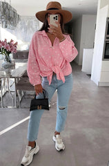 Hearts Print Oversized Cotton Shirt in Pink